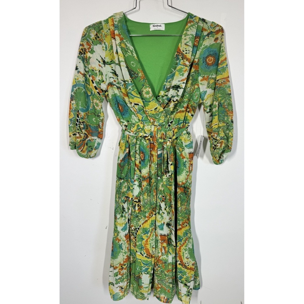 NWT Kindred Anthropologie Green Paisley Pleated V Neck Long Sleeve Midi Dress S